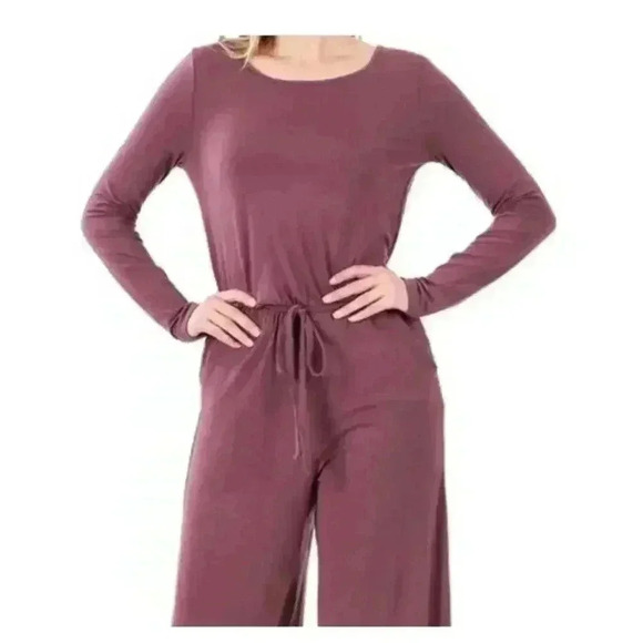 Zenana Premium Long Sleeve Jersey Wide Leg Drawstring Waist Jumpsuit, 2X - Picture 1 of 8